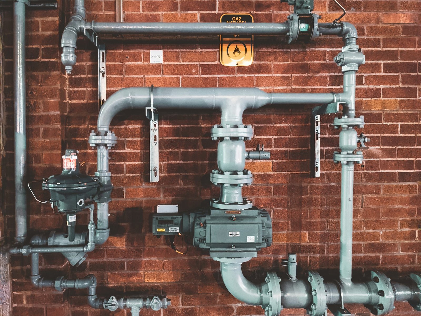 Building plant room with pipework, valves and pressure gauges